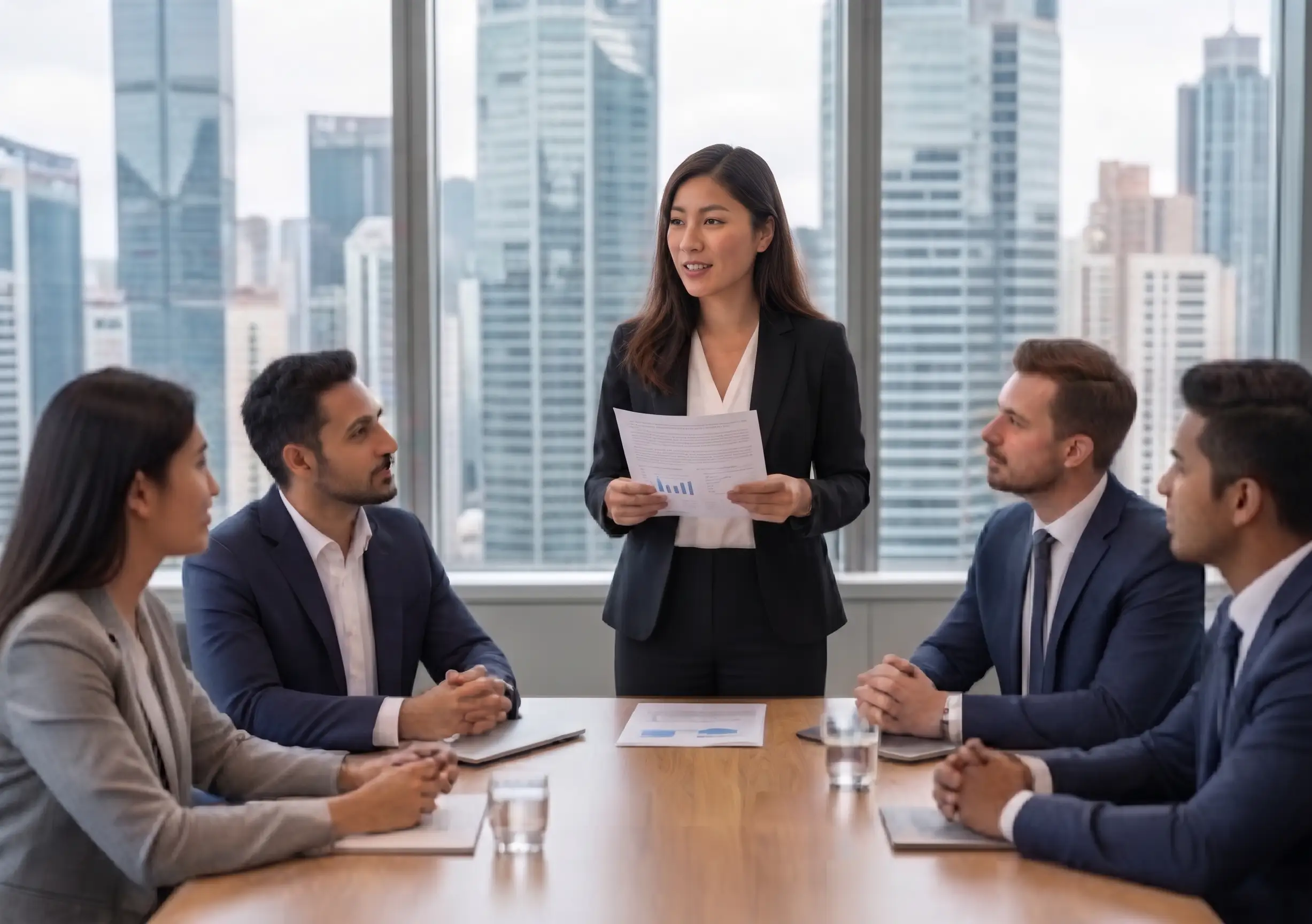 professional executives in modern glass office boardroom Hong Kong, discussing strategy, business