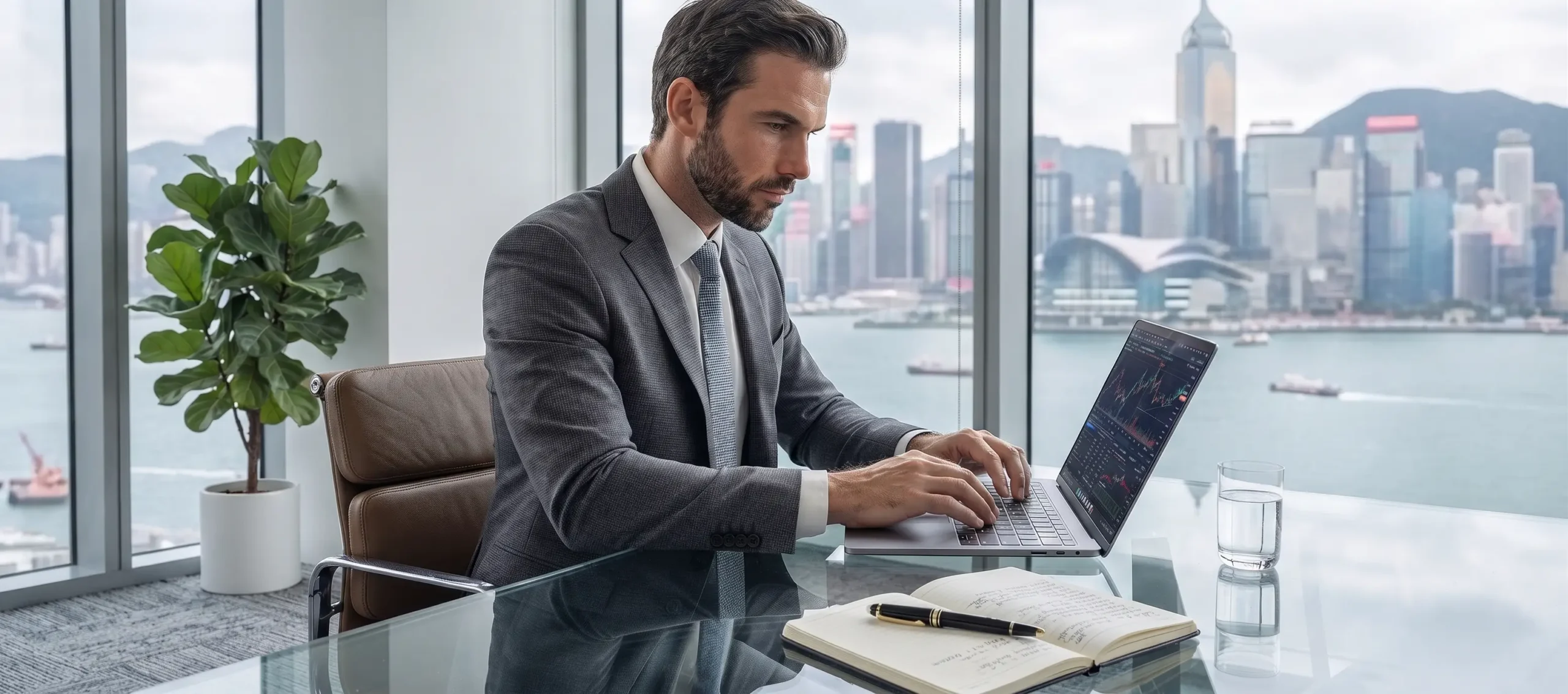 young entrepreneur filling online company registration form on laptop, clean bright workspace in Hong Kong