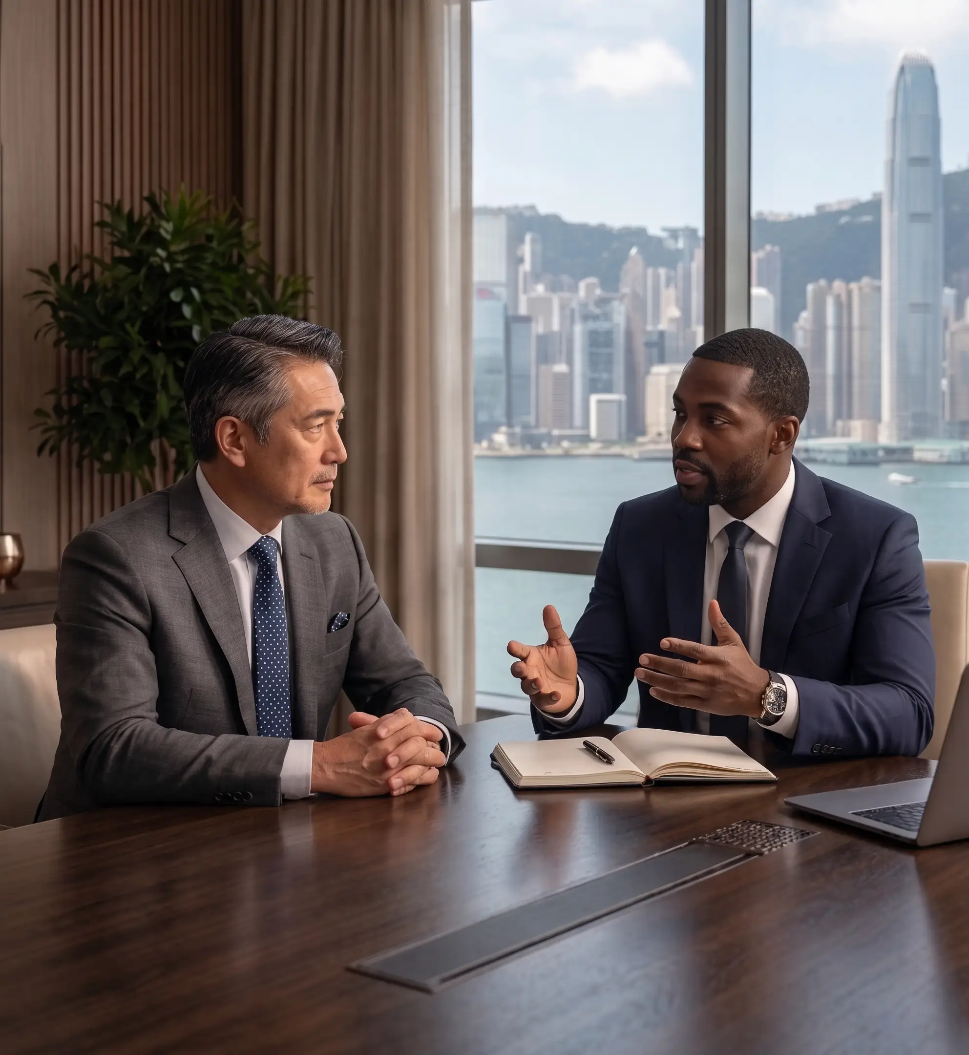wealth manager discussing portfolio strategy in Hong Kong
