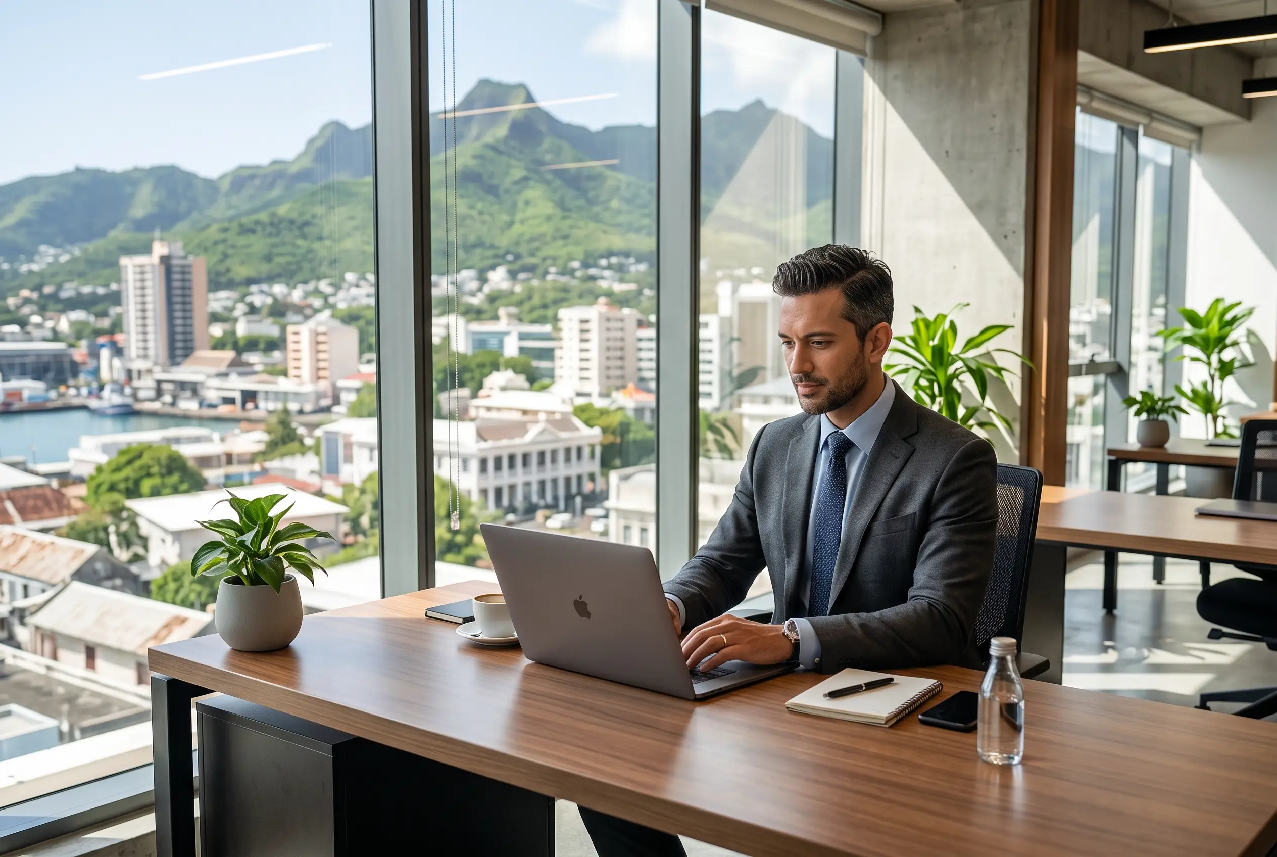 young entrepreneur filling online offshore company registration form on laptop, clean bright workspace, Mauritian
