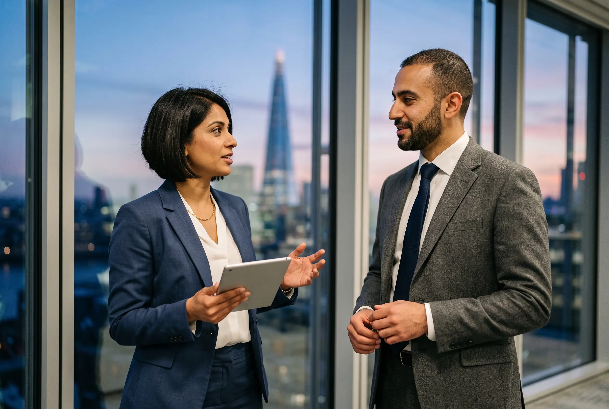 international trade business owner reviewing global logistics on tablet, bright office