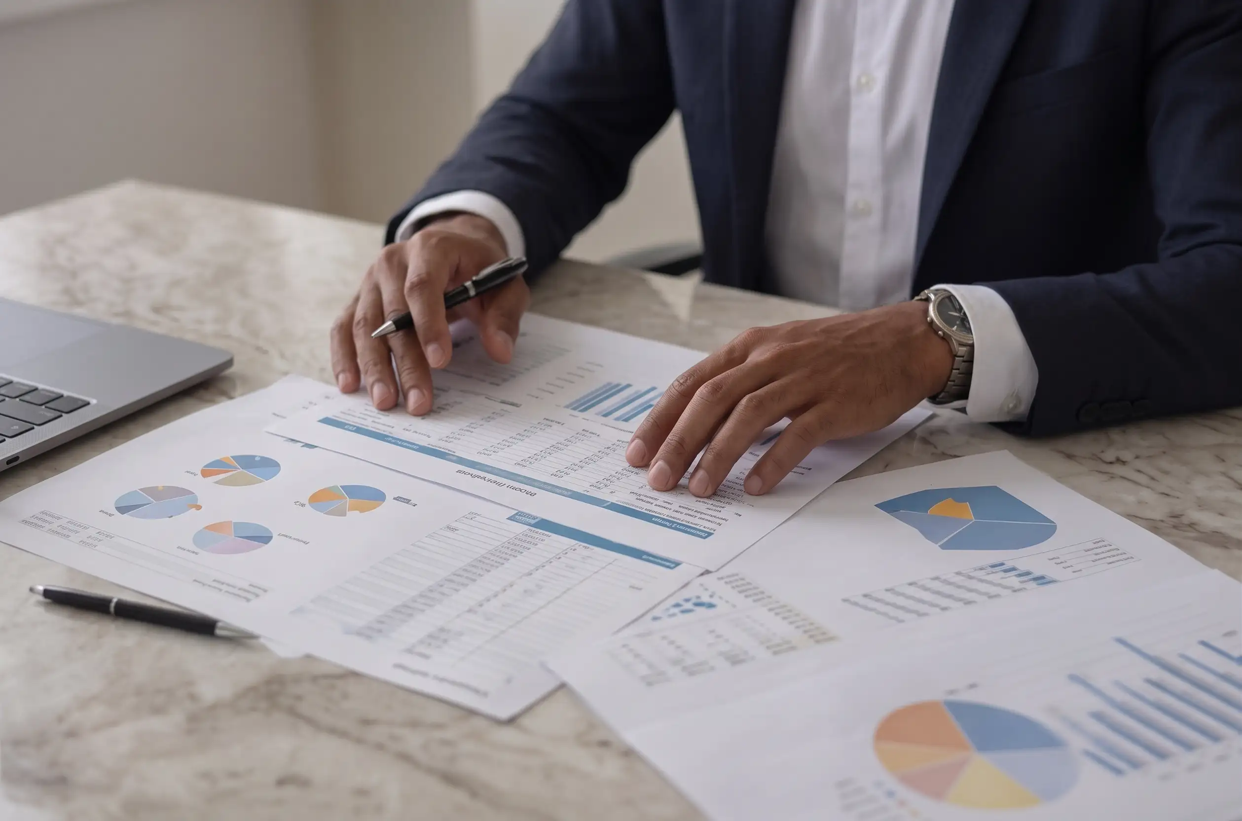 accountant reviewing financial reports and documents at clean desk with calculator and charts, profe