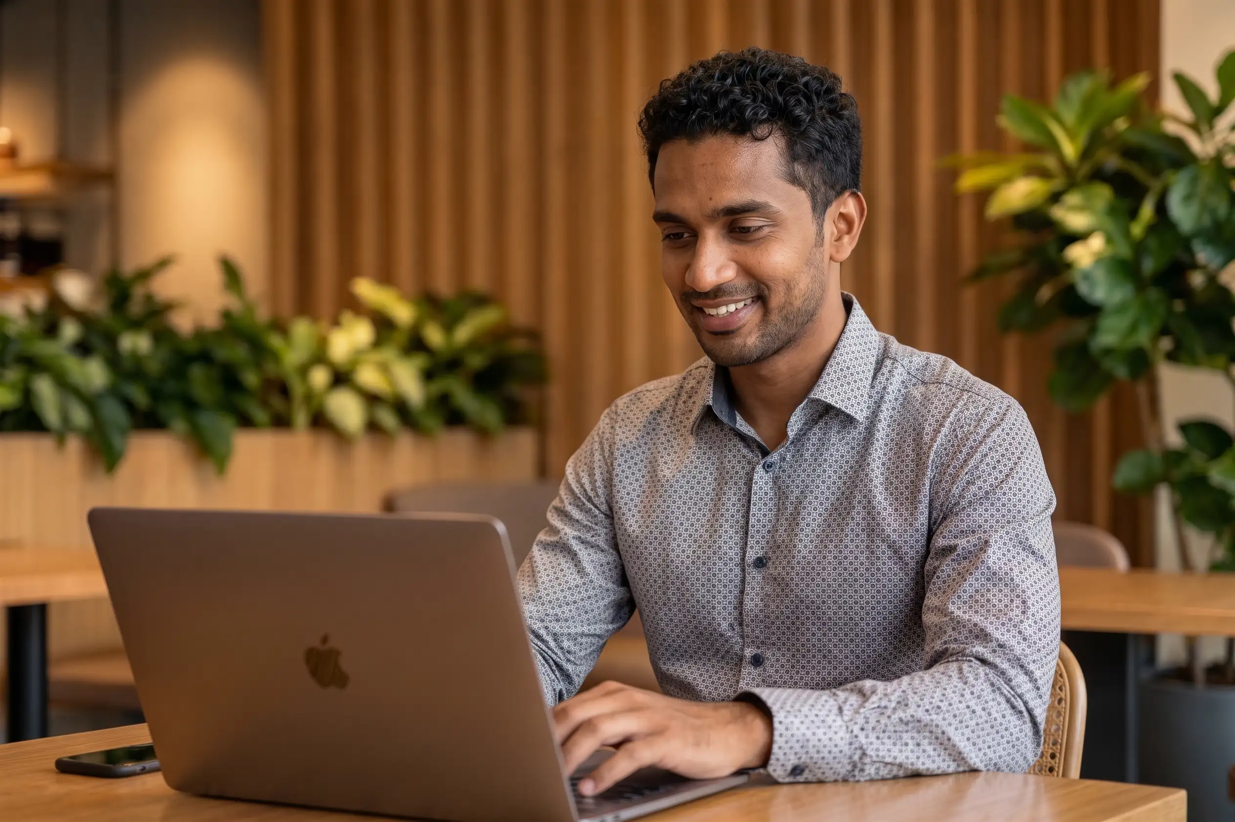 confident international entrepreneur working remotely in trendy cafe, laptop open, casual business attire