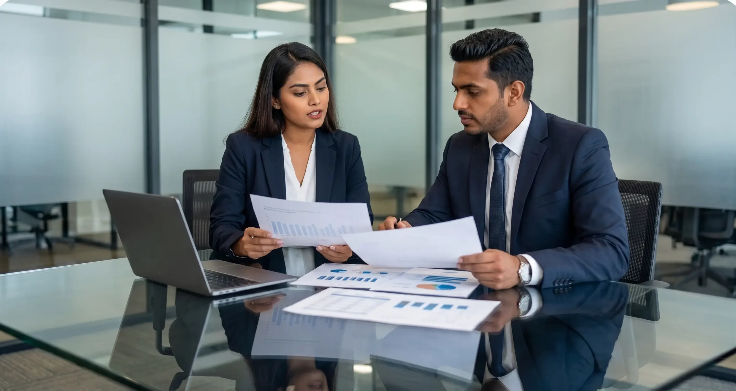 two diverse business professionals reviewing international corporate documents together, modern co-working office, bright ed