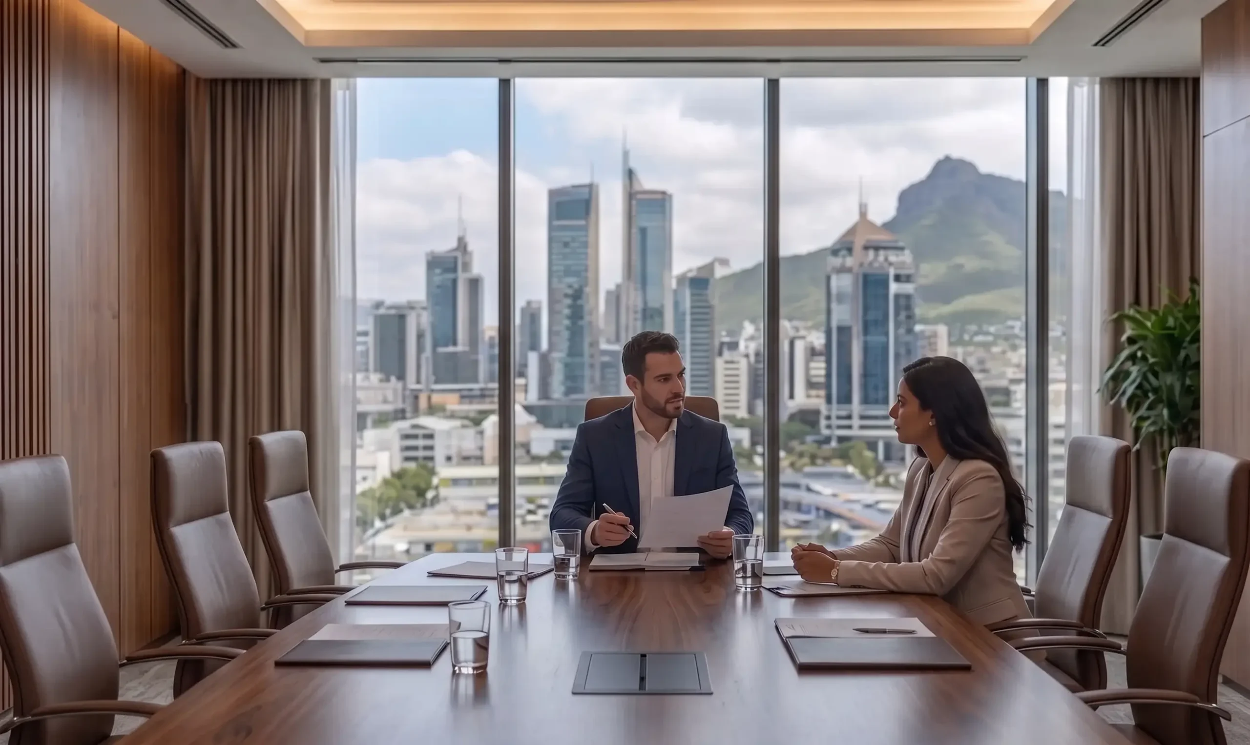 professional corporate banking interior Mauritius modern minimalist design soft warm lighting