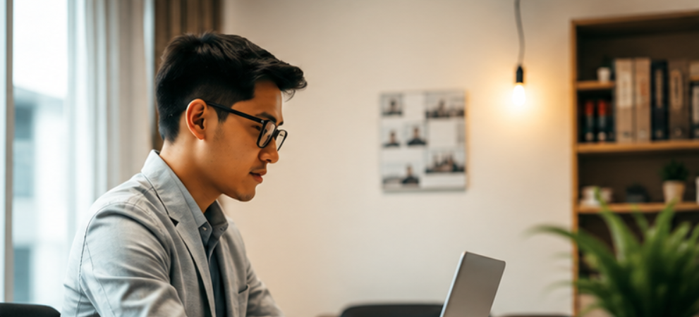 young entrepreneur filling online company registration form on laptop, clean bright workspace, Malay