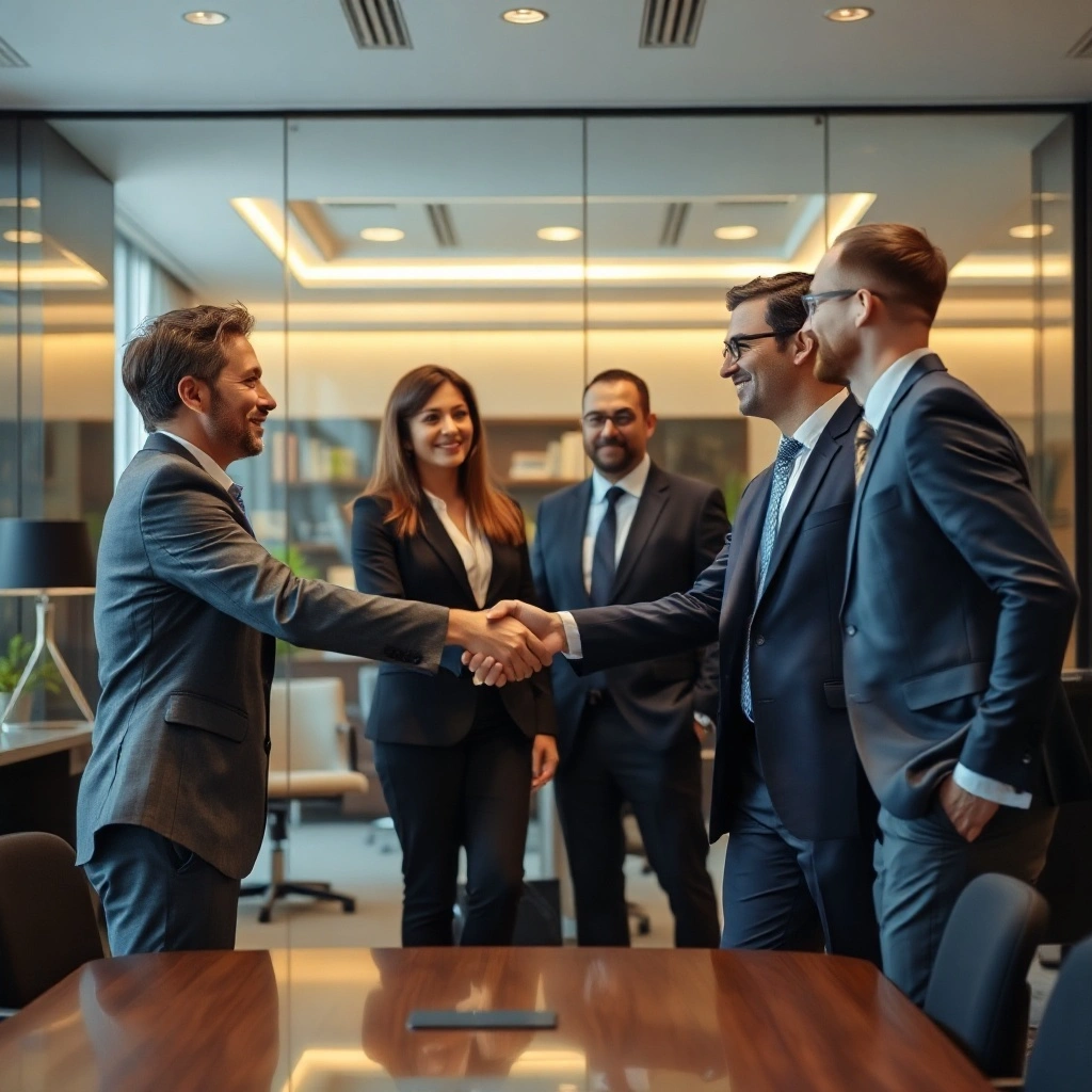 business professionals shaking hands in a high-end modern office, luxury meeting room background, wa