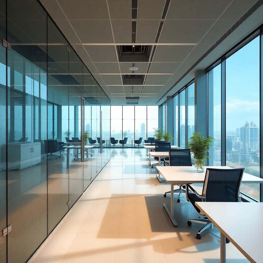 modern clean corporate glass office interior Kuala Lumpur Malaysia, professional workspace, soft day