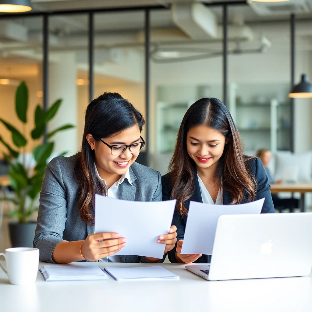 two diverse business professionals reviewing documents together, modern co-working office, bright ed