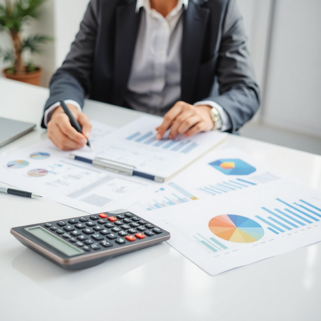 accountant reviewing financial reports and documents at clean desk with calculator and charts, profe