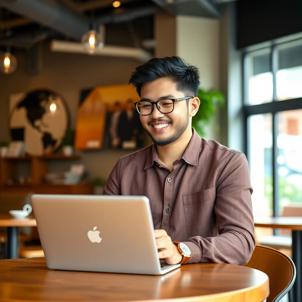 confident young Malaysian male entrepreneur working in trendy cafe, laptop open, casual business att
