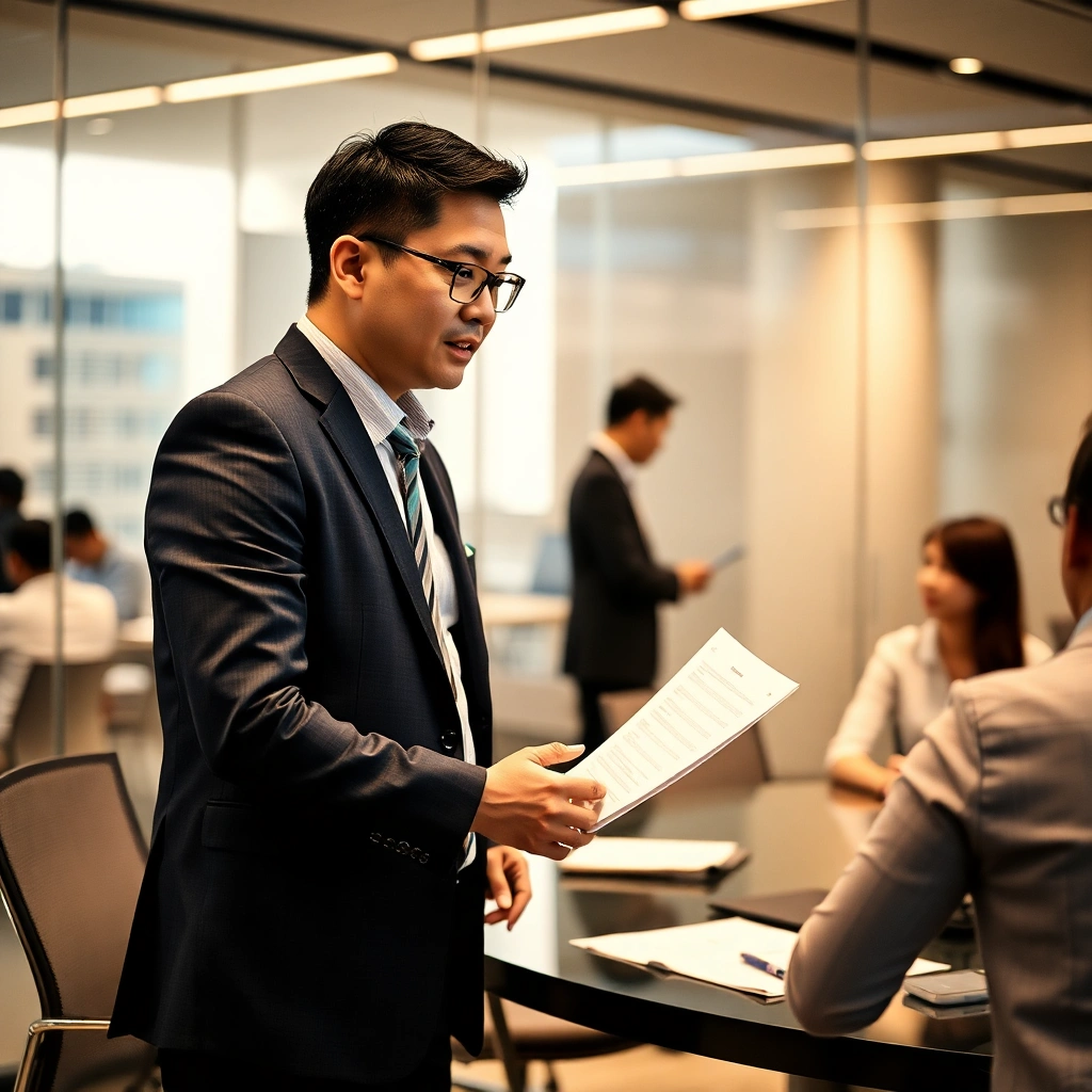 professional Asian male executive in modern glass office boardroom Malaysia, discussing strategy, bu
