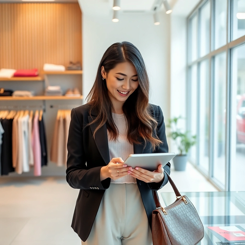 stylish female entrepreneur owner of small boutique shop in Kuala Lumpur, browsing tablet, bright ai
