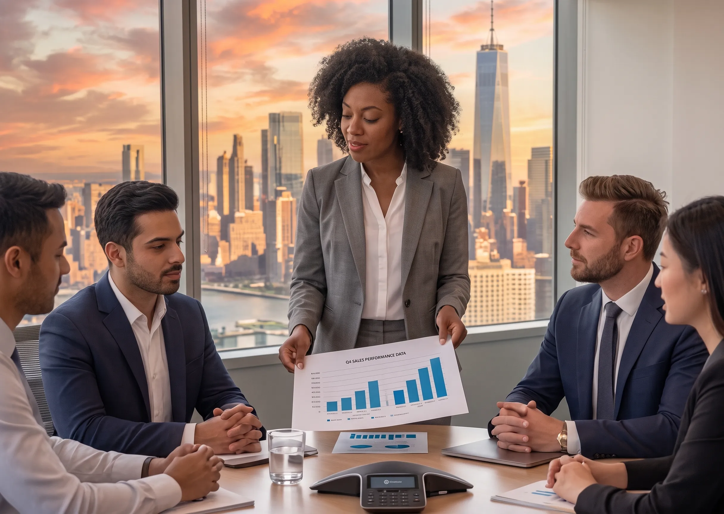 Business executives discussing company strategy in modern glass boardroom in Singapore CBD